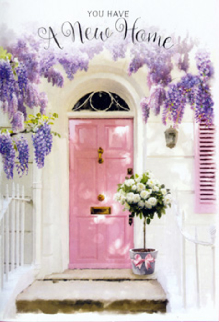 A beautifully styled doorway in New Southgate becomes the setting for a tender story of moving day, told entirely through flowers and soft colour. The first thing that draws the eye is a charming pink front door, painted in a gentle, rosy hue that is neither too bright nor too pale, but perfectly balanced to radiate quiet warmth. It stands slightly recessed within whitewashed walls, whose subtle texture and faint imperfections catch the shifting light and give a sense of lived-in charm so typical of side streets near Arnos Grove. Tracing a delicate arc above the entrance, lush wisteria in shades of lavender and soft violet cascades downwards, each cluster of blossoms made up of tiny petals that hang like fragrant bells. The trailing vines create a natural frame around the door, their shadows falling lightly across the wall and lending depth and movement to the scene. At the threshold, positioned as though just delivered, stands a neat metal bucket in a soft, dove-grey tone. It overflows with creamy white roses, their petals unfurling in generous layers and edged with a faint blush at the very centre. Sprigs of fresh, airy foliage tuck between the blooms, adding texture and a cool green contrast to the warm creams and pinks. A pale pink ribbon, satin and slightly reflective, is tied carefully around the base of the bucket, its trailing ends resting against the stone step. The light is gentle and reassuring, suggesting late morning in New Southgate when people are settling into new homes and new routines. The overall composition feels like a blessing placed at the doorstep-a floral wish for comfort, joy, and lasting memories in a new home, carried on the imagined scent of wisteria and roses.