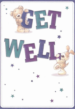 This charming get well card, reminiscent of cheerful greetings exchanged along New Southgate's garden-lined lanes, instantly creates a sense of comfort and light. The artwork is brimming with playful detail: a cuddly teddy bear with velvety, honey-brown fur clings to the top of the bold, textured "GET," while his floppy-eared puppy companion-drawn in warm caramels and ivories-leans affectionately against the large "WELL" below. Their rounded shapes and expressive, joyful faces capture hope and affection, mirroring the emotional care often woven into floral designs by Flowers New Southgate. The typography, rich in purples and deep teals, stands out like a promise of brighter days, enhanced by crisp scattered star motifs in gentle blues and violets that evoke the night sky over Brunswick Park. The white background radiates clarity and comfort, much like the refreshing calm after a spring rain on Friern Barnet Road. The card's nurturing spirit brings to mind the thoughtful touch given to each bouquet destined for uplifting someone in recovery-every element carefully chosen to brighten a difficult moment within the New Southgate community.