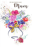 This Mother's Day card features a joyous, watercolour bouquet that looks freshly imagined from a florist's sketchbook in New Southgate, then gently washed with emotion. At the heart of the design, bold cerise and fuchsia blossoms lift their faces upward, their edges defined by graceful, inky indigo lines that give movement and shape without ever feeling rigid. Around them unfold softer blossoms in lilac, periwinkle blue, and pastel pink, their colours bleeding delicately into one another the way petals overlap in a hand-tied bouquet set on a table near Palmers Green. Subtle dabs of apricot and leafy hints of green bring depth and life, so the arrangement feels full yet wonderfully light. Threaded across certain petals and leaves, slender ribbons of gold ink catch the eye, suggesting a gentle shimmer, like sunlight catching dew on early-morning flowers. The bouquet rises from a simple, stylised vase, suggested in soft washes with a tidy golden bow at its neck, recalling the satin ribbons we tie at Flowers New Southgate before sending out Mother's Day orders. Surrounding the main bouquet, splashes of paint and delicate heart motifs scatter freely, like petals tossed in celebration after a family gathering. The card's clean white background allows every hue to breathe, creating a sense of calm around the joyous colour. Altogether, the illustration feels like a visual hug: expressive yet tender, modern yet timeless, a lasting tribute to the love, patience, and everyday care that make a mother feel truly cherished on her special day.