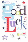 A bold, cheerful good luck card lies against a crisp white background, the words Good Luck dancing across the centre in an artful symphony of colour and lettering that feels as uplifting as a fresh bouquet from a trusted New Southgate florist. The oversized pastel-blue g curves playfully at the start of the phrase, its rounded shape echoing the soft, reassuring tone of a friend's voice. Beside it, deep reds, mossy greens, inky blacks, and rich purples alternate from letter to letter, each character drawn in a different font-some tall and slender, some chunky and confident-like a group of voices all chiming in with the same message of support. Scattered around the words are tiny star motifs in navy, sky blue, lilac, and pale lavender, some solid and bold, others faint and airy, drifting as if across a clear evening sky above Arnos Park. The stars vary in size, from pinpricks to thumb-sized bursts, giving the flat card a sense of depth and gentle movement, as though luck itself is swirling around the recipient. The paper looks smooth, thick, and slightly satin, a quality card you can imagine holding between your fingers, hearing the soft rustle as it slips from an envelope before a big exam, job interview, or audition in central London. With its clean white space framing the colourful fonts and whimsical stars, the design feels modern yet heartfelt, like a personal send-off crafted with the same attention to detail you'd expect from a hand-tied bouquet delivered across New Southgate, Bounds Green, or along Friern Barnet Road, quietly promising, You've got this.