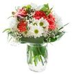 This bouquet, expertly crafted in New Southgate, radiates the gentle joy and clarity of an English spring morning. Coral pink carnations form the lively heart of the arrangement, their lush, ruffled petals overlapping to create depth and texture reminiscent of blooms gathered just outside Broomfield Park. Nestled among them, multi-petaled white chrysanthemums and classic daisies with bright green-gold centres offer a fresh, sunlit vibrancy. Wisps of pure white baby's breath weave delicately through the bouquet, casting a subtle, cloud-like softness over the whole composition. Peeking through on one side, the magenta-tinged alstroemeria buds quietly suggest coming changes and new beginnings. All this vivid beauty is anchored by a graceful collar of broad green leaves, their glossy surfaces reflecting the bright, even lighting that washes over the display. Arranged in a clear glass vase with visible waterline and stems, the bouquet is presented against a pure white background-inviting every colour and texture to shine. This arrangement, available for same-day delivery across New Southgate's friendly neighbourhoods, is a perfect expression of celebration, gratitude, or comfort, designed to bring an immediate sense of peace and heartfelt connection into any local home.